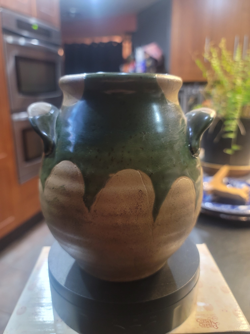 Vintage Studio Pottery Green Drip Glaze Vase Two Handled Urn Crock 7.25"